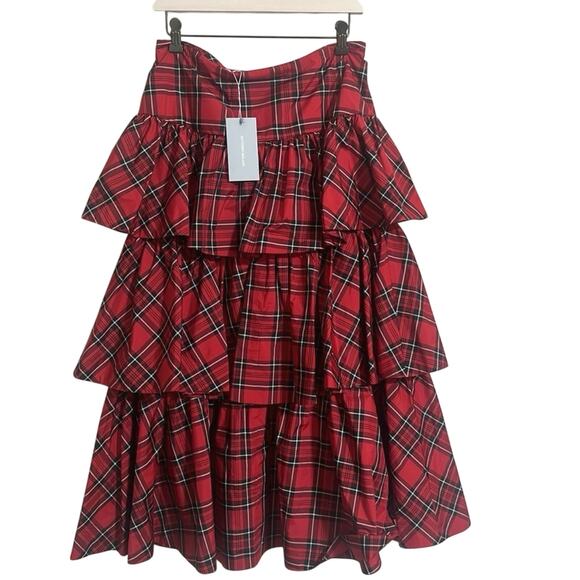 Antonio Melani Tiered Ruffle Skirt Size 10 Tartan Plaid A-line Midi Holiday Red